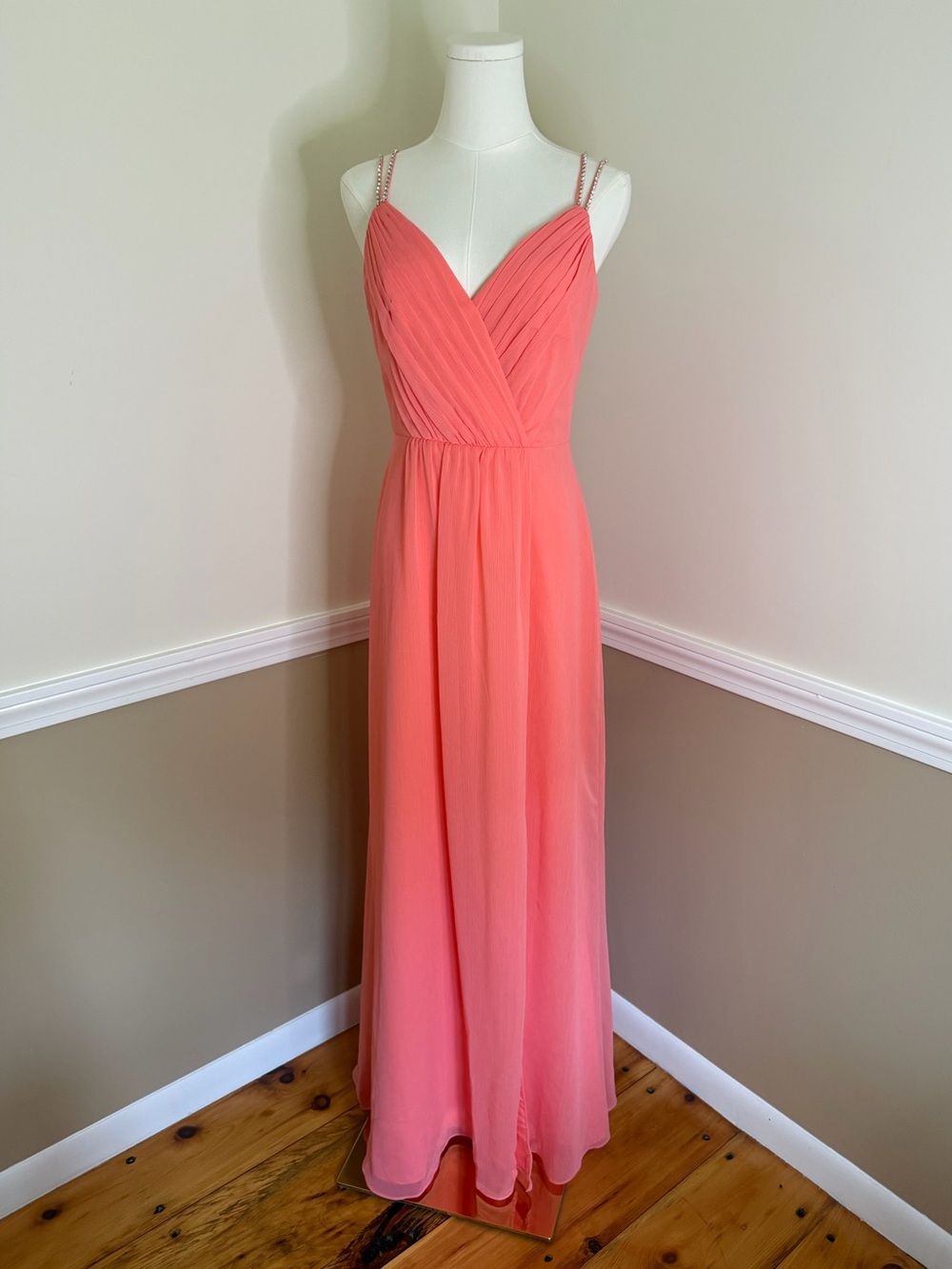 Coral Pink Chiffon Evening Gown Dress with bedazzled Spaghetti Straps